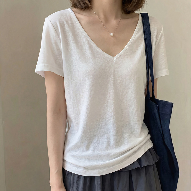 两面穿辣妹v领蕾丝拼接短袖t恤女