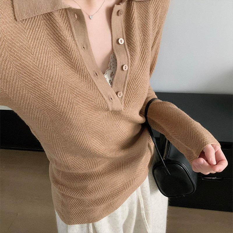 老钱风咖色针织polo衫女春秋季穿搭高级感气质修身内搭打底衫上衣
