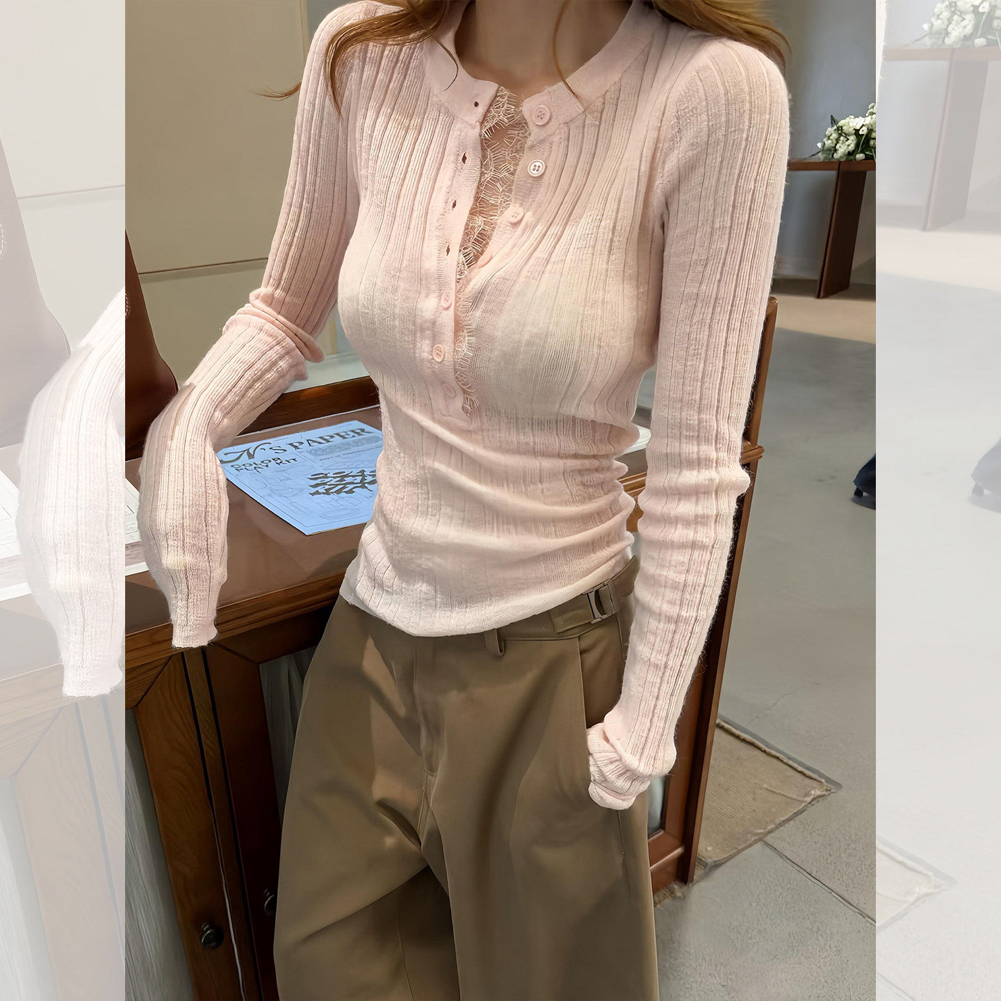 韩系粉色半开v领蕾丝针织衫女秋冬绝美巨好看修身内搭打底衫上衣