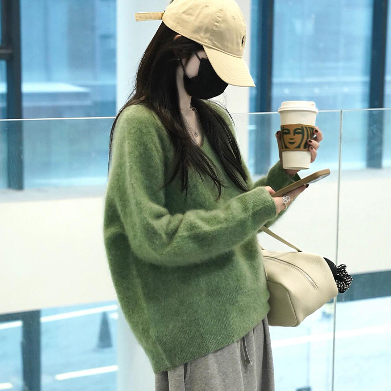 超好看绿色v领马海毛衣女秋冬可外穿内搭慵懒宽松软糯针织衫上衣