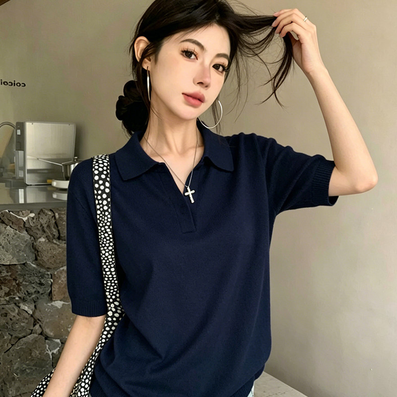 韩系藏青色短袖polo衫t恤女夏季老钱风穿搭正肩宽松气质针织上衣