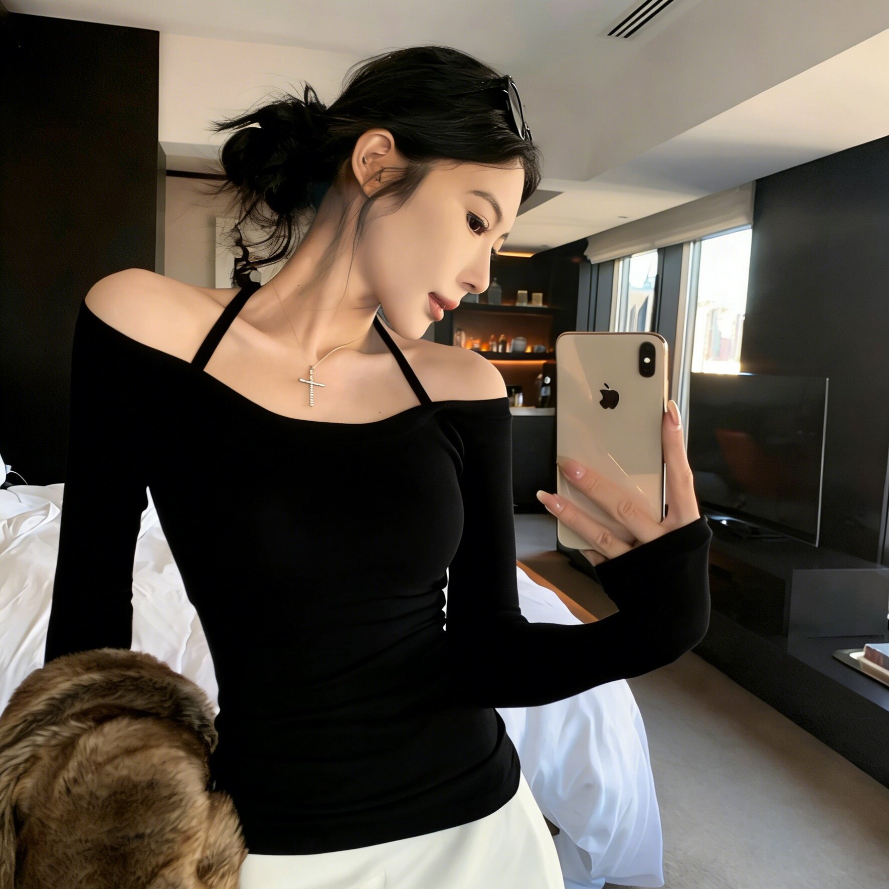 高级感黑色挂脖一字肩针织衫女春秋纯欲修身显瘦内搭打底露肩上衣