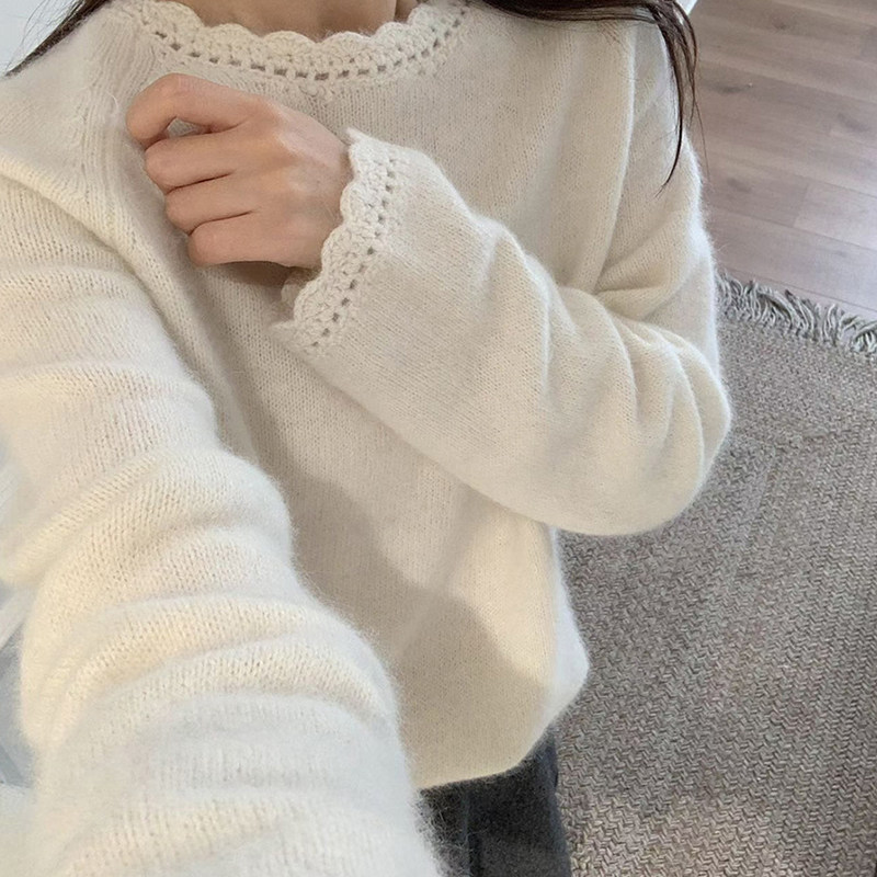 韩系白色小个子花边毛衣女秋冬可外穿内搭宽松软糯针织衫漂亮上衣