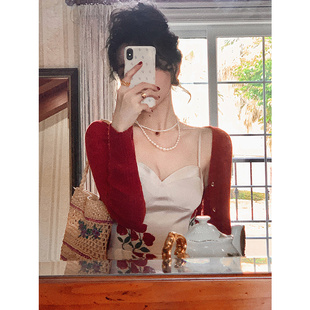 红色针织小开衫外套女2025春秋新款配吊带裙外搭防晒罩衫薄款上衣