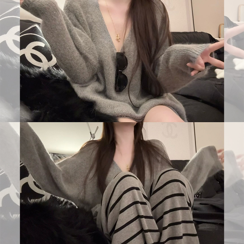 慵懒松弛v领毛衣外穿宽松针织衫