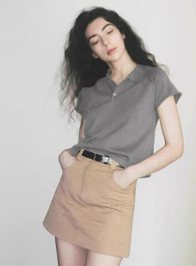 美式灰色短袖T恤女Polo针织衫夏季宽松显瘦正肩短上衣冷淡系别致