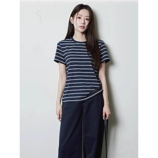 法式藏青色条纹正肩短袖t恤女夏季miu系穿搭绝美宽松薄款体恤上衣
