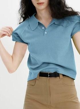 复古蓝色设计感短袖POLO衫女夏季宽松短款翻领针织衫T恤正肩上衣