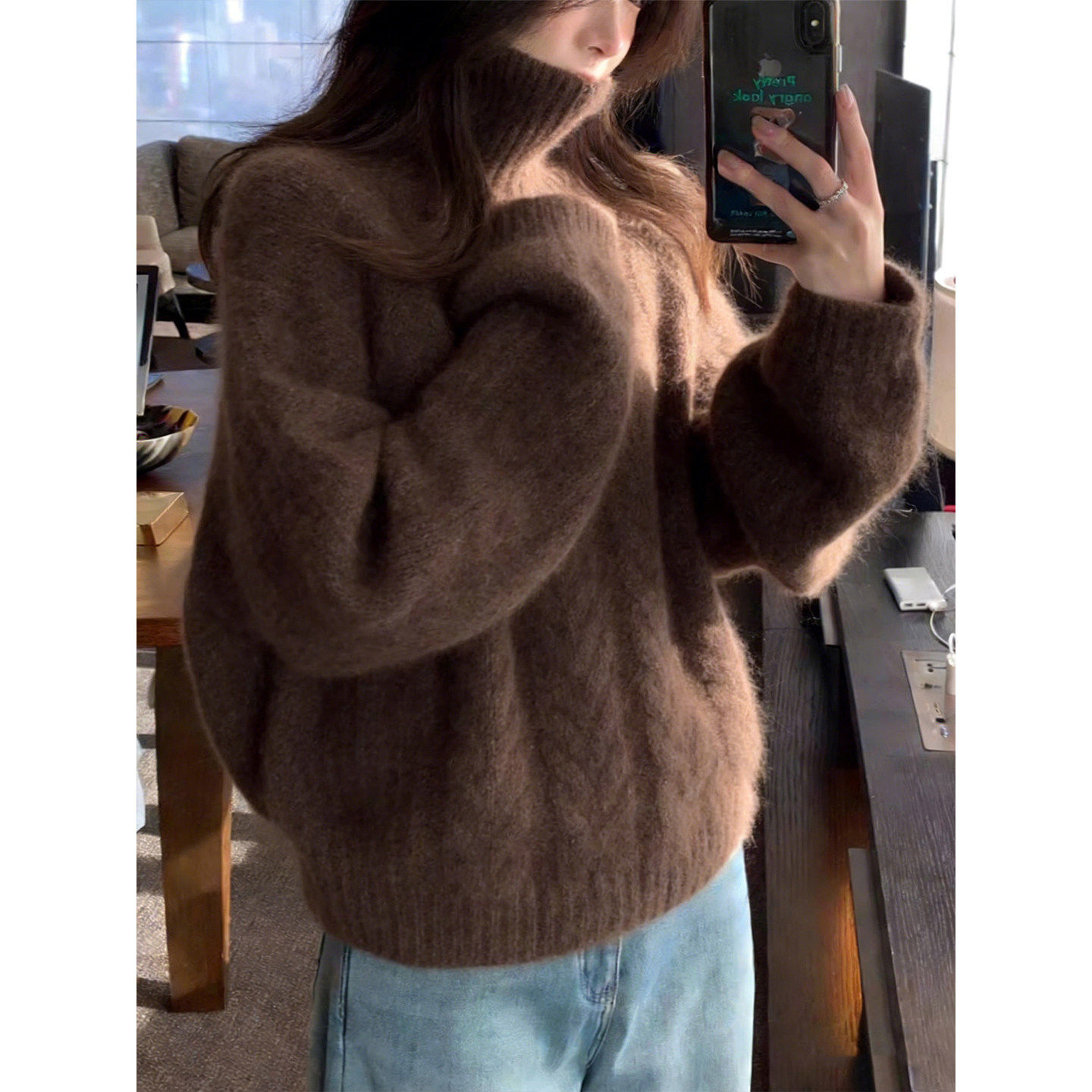 欧货老钱风咖色麻花高领毛衣女秋冬高级感宽松加厚针织衫内搭上衣