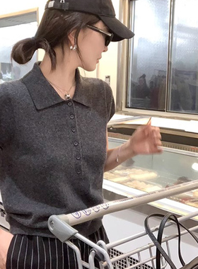 老钱风灰色针织短袖polo衫女夏季穿搭正肩修身短款翻领t恤上衣薄