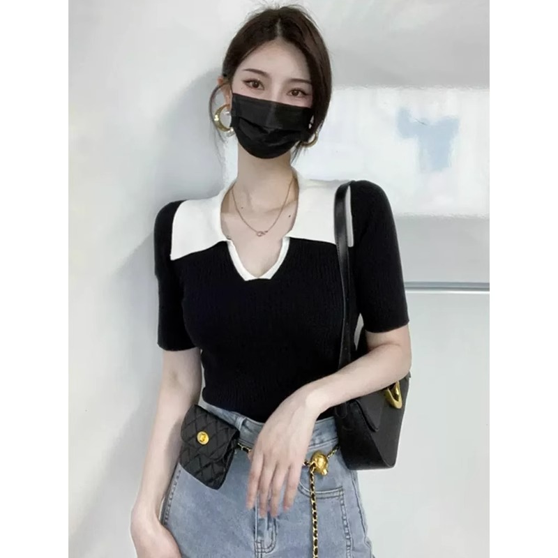 黑色正肩冰丝短袖针织T恤女夏季v领撞色修身polo衫显瘦短款上衣薄