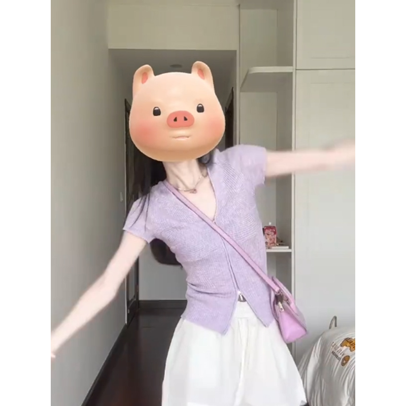 香芋紫色V领拉链短袖T恤女夏季韩系修身小个子针织衫正肩短款上衣