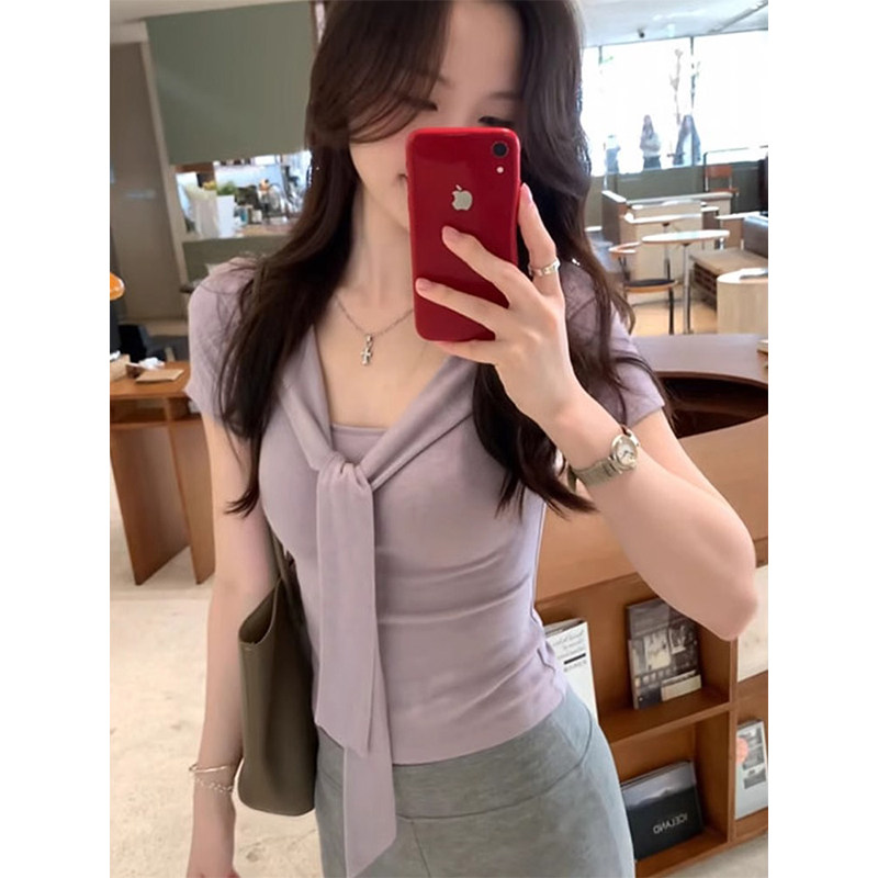 纯欲紫色方领披肩绑带短袖t恤女夏季设计感修身显瘦短款正肩上衣