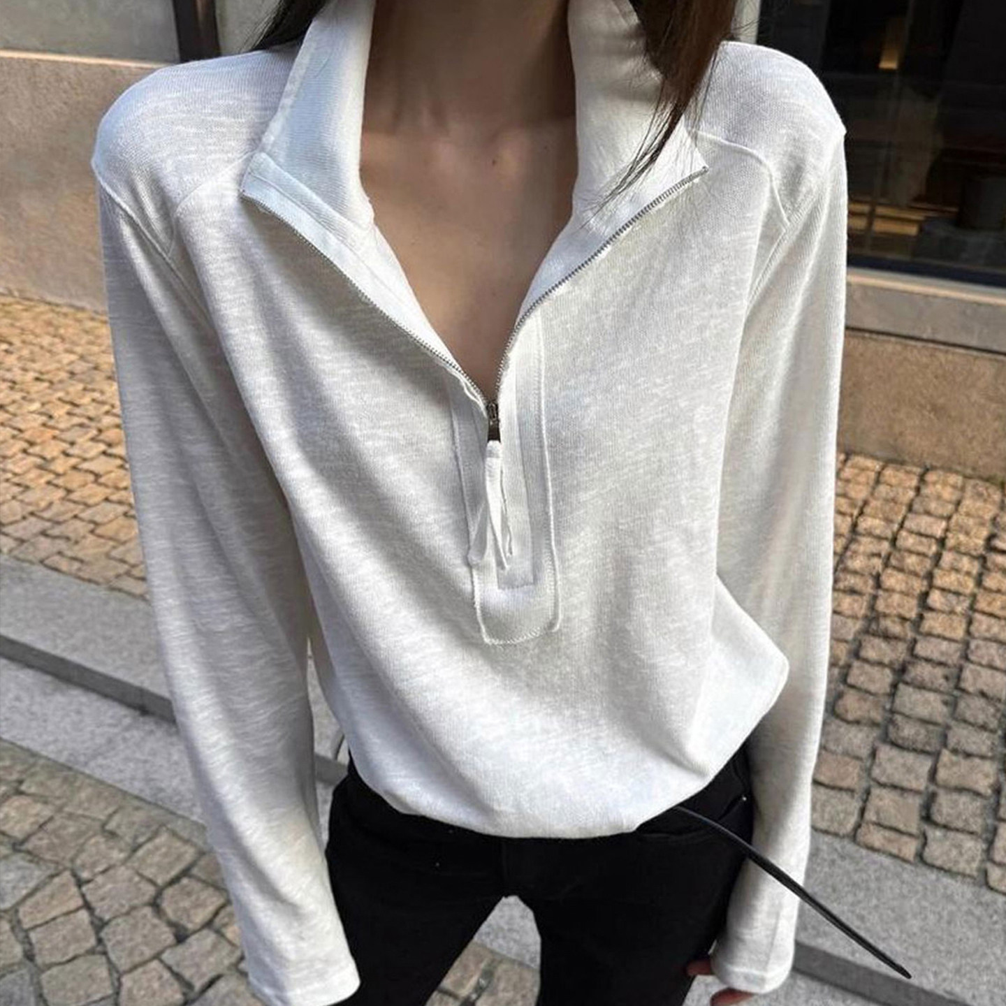 美式复古半拉链polo领长袖t恤女