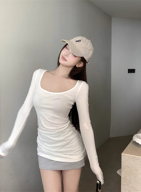 辣妹白色u领修身长袖t恤女春季大领口薄款微透防晒罩衫纯欲风上衣