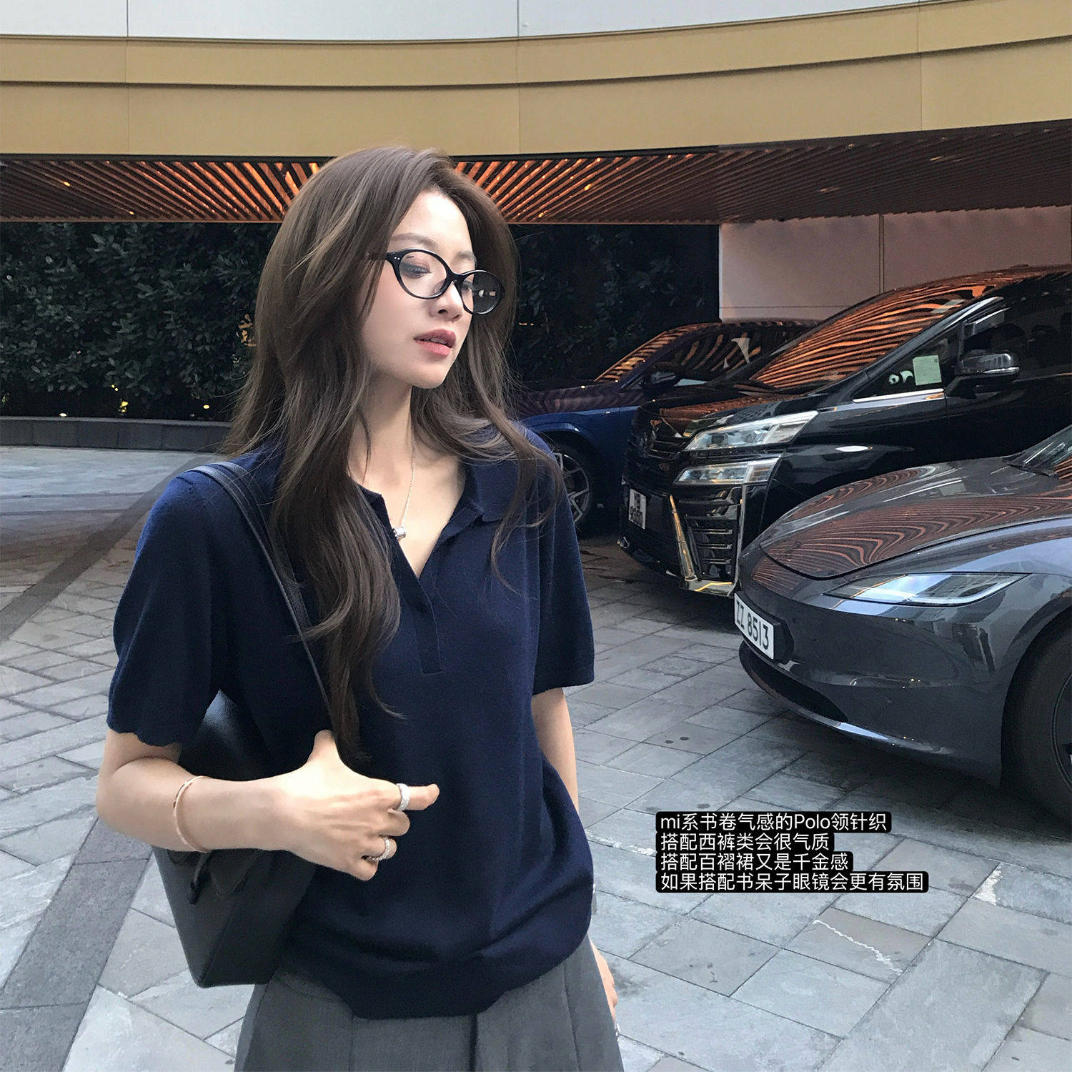 高知老钱风藏蓝色针织短袖polo衫女夏季miu系穿搭正肩修身t恤上衣