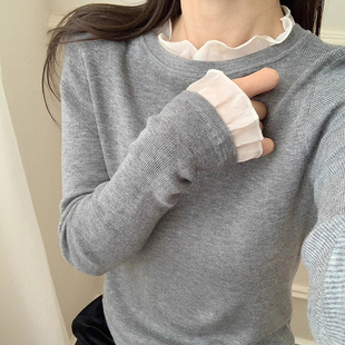 韩系灰色蕾丝花边针织衫女秋冬绝美巨好看修身内搭打底衫毛衣上衣