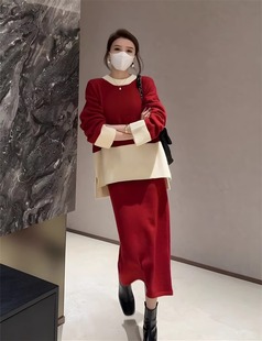 本命年圣诞红色毛衣女秋冬季宽松搭配针织衫一整套半身裙两件套装