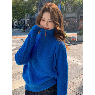 克莱因蓝半拉链高领麻花毛衣女秋冬高级感宽松软糯针织衫内搭上衣