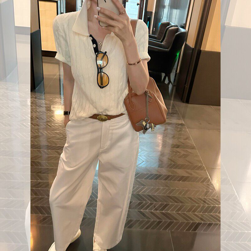老钱风白色绞花针织短袖polo衫女夏淡人高知穿搭气质修身t恤上衣