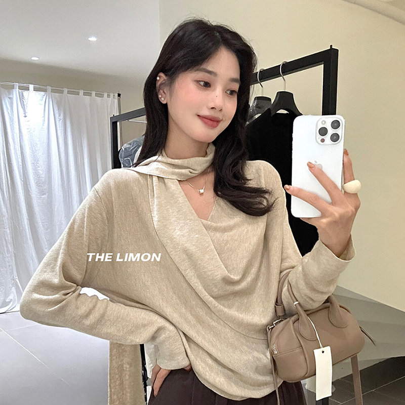 v领挂脖飘带针织衫交叉收腰上衣