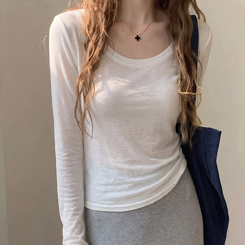 韩系白色u领防晒空调罩衫女夏季松弛感修身薄款长袖t恤大领口上衣