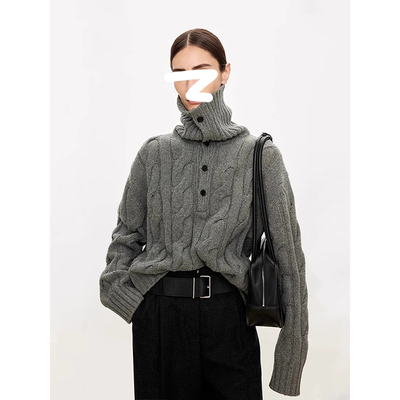 高领麻花毛衣翻领宽松针织衫上衣