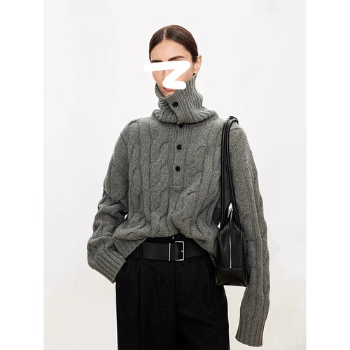 高领麻花毛衣翻领宽松针织衫上衣