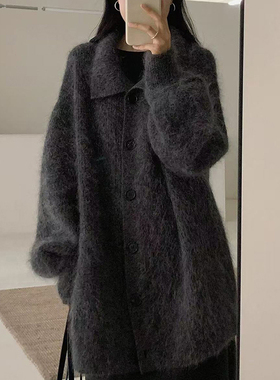 老钱风灰色中长款翻领毛衣外套女秋冬慵懒风加厚针织开衫大衣上衣