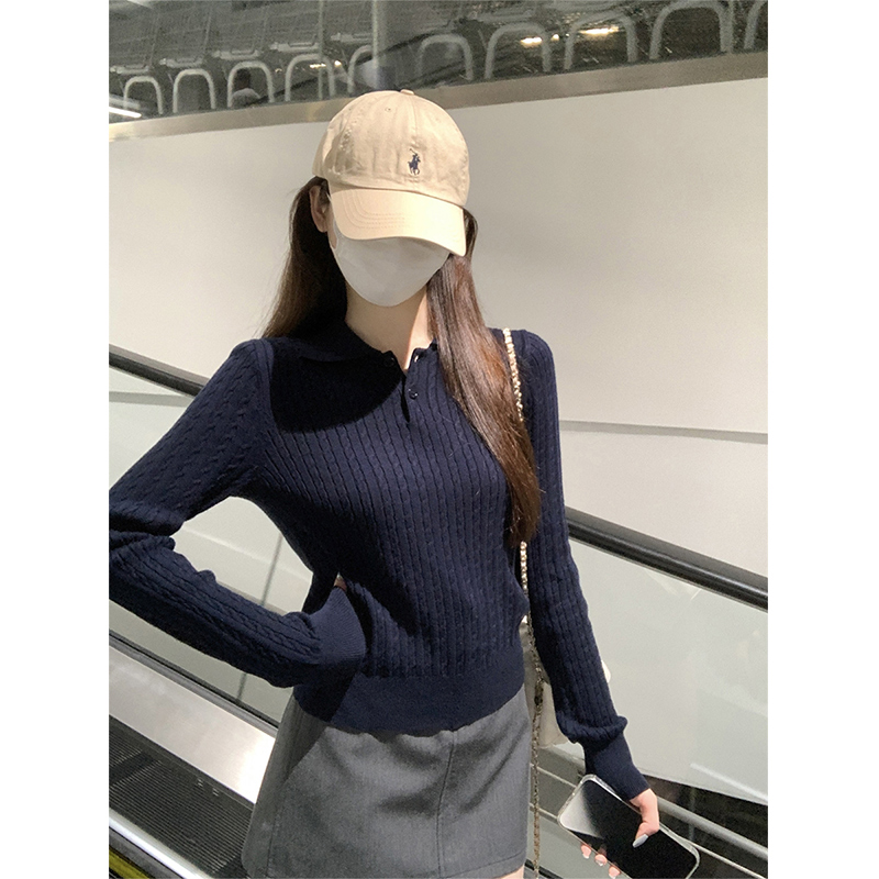 藏青色麻花针织长袖polo衫女秋季老钱风修身内搭打底衫miu系上衣