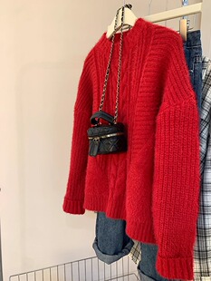 新年红色半高领麻花毛衣女冬季软糯圣诞宽松慵懒风针织衫加厚上衣