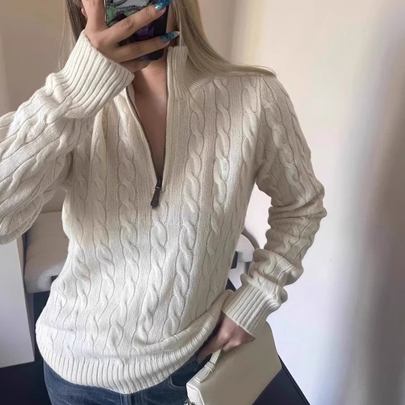 美式麻花立领厚毛衣半拉链针织衫