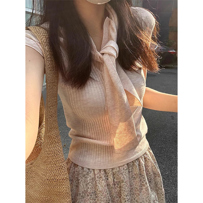 粉色v领挂脖系带短袖t恤女夏季小飞袖修身短款冰丝针织衫气质上衣