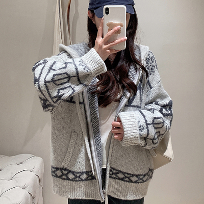 费尔岛连帽毛衣外套加厚针织开衫