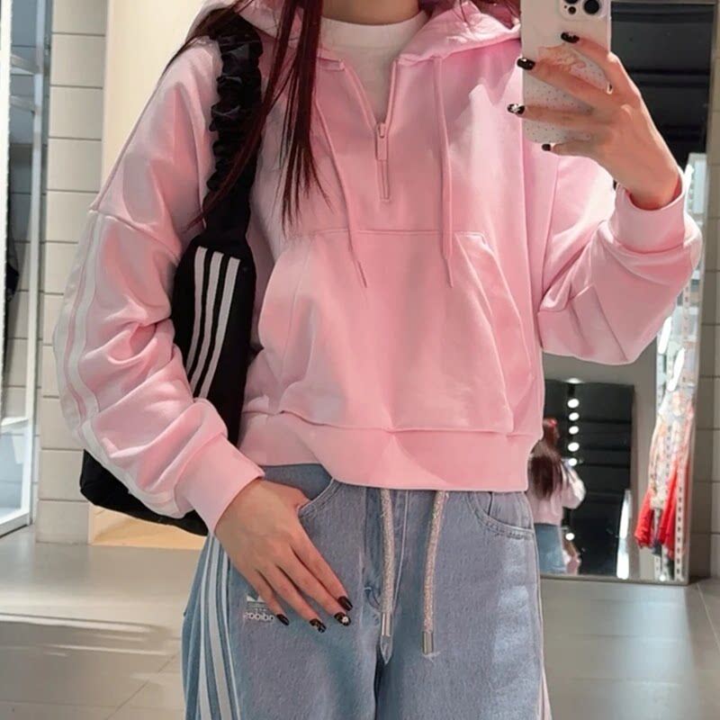 Adidas阿迪达斯短款卫衣女2025新款半拉链休闲连帽长袖上衣JN1943