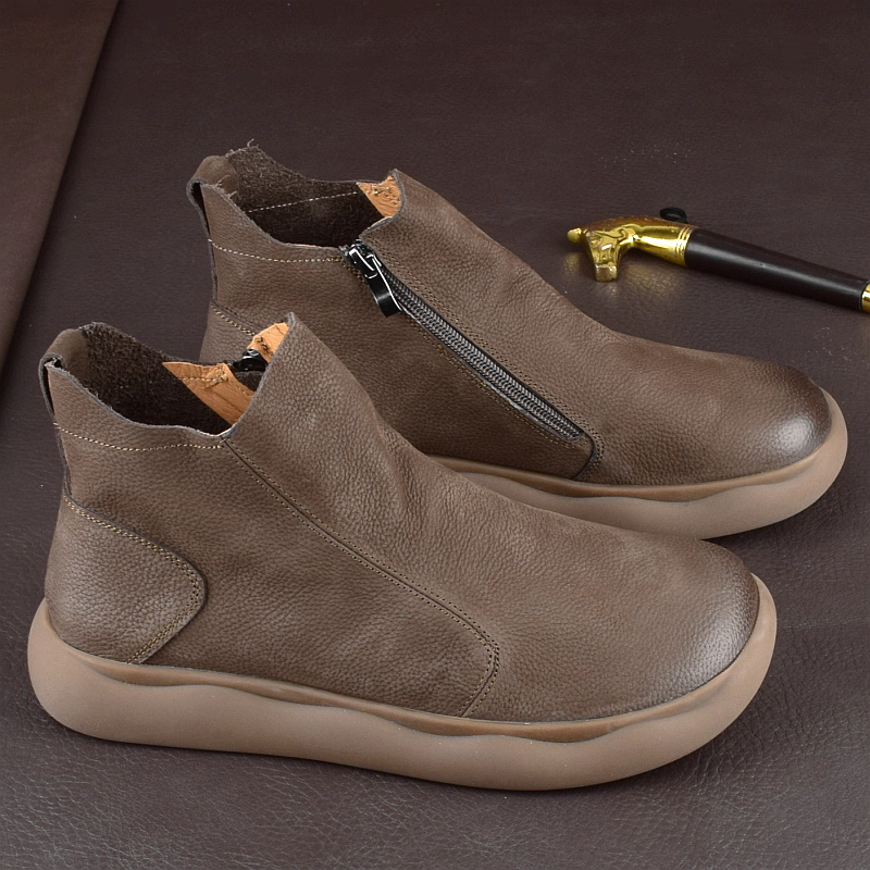 秋冬复古真皮马丁靴男拉链中筒厚底头层牛皮短靴防滑软底切尔西靴,流行男鞋,马丁靴,淘宝优惠券,粉丝福利购,淘宝优惠卷
