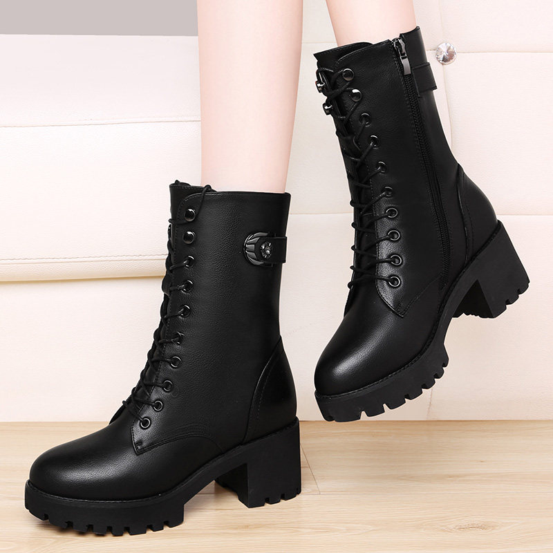 马丁靴女中粗跟短靴加绒冬天中筒真皮厚底女士皮鞋加厚高跟大棉鞋