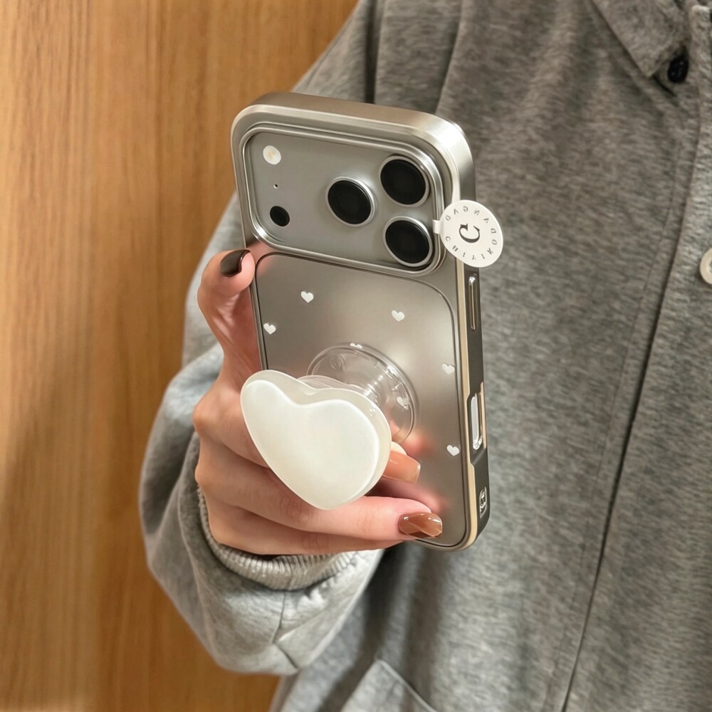 韩系ins电镀银满屏白色爱心支架适用iPhone17promax手机壳苹果15pro新款14高级感小众13女16创意17防摔保护套