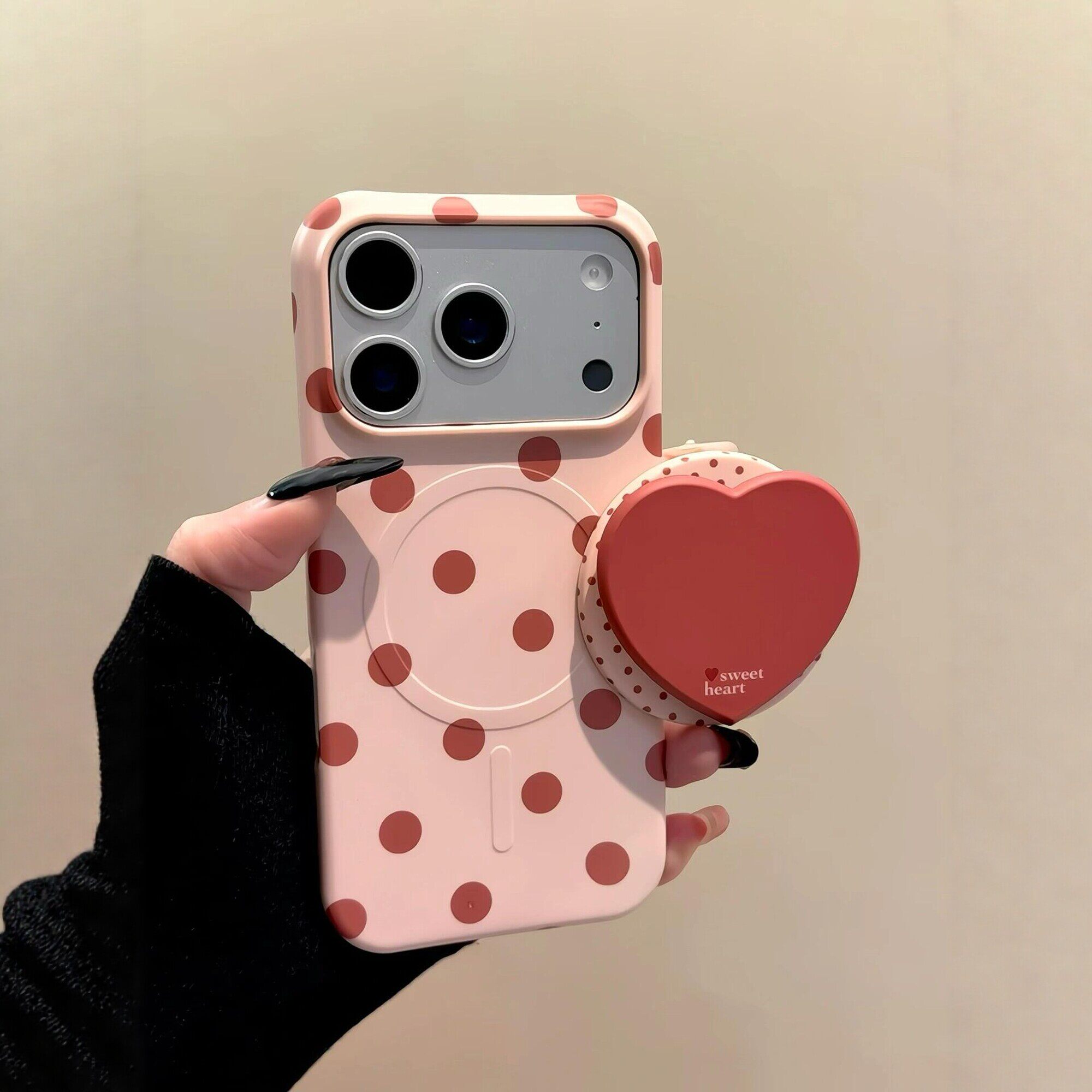 韩系ins简约豆沙粉波点爱心磁吸支架适用iPhone17promax手机壳苹果15pro新款17pro菲林硬壳16pro半包17保护套