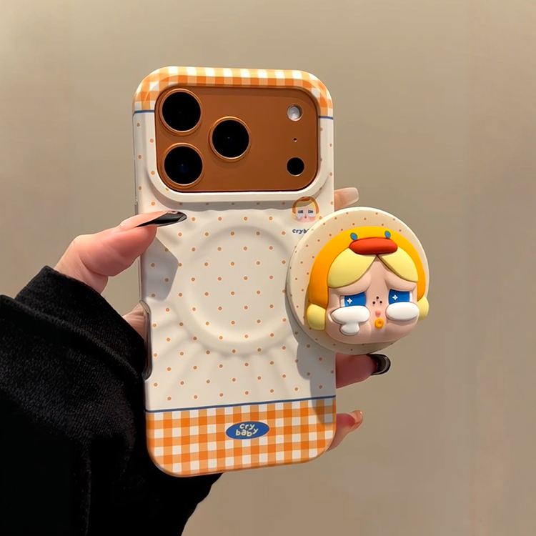 韩系ins橙色波点卡通元气哭娃硅胶磁吸支架适用iPhone17promax手机壳苹果15pro新款16超好看13女14菲林保护套