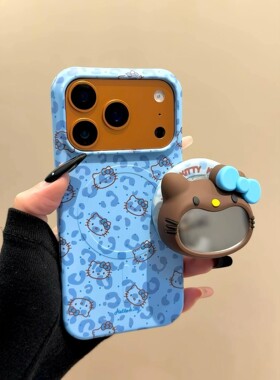 韩系ins蓝色豹纹猫咪大嘴镜面磁吸支架适用iPhone17promax手机壳苹果15pro新款17pro菲林硬壳16pro半包保护套