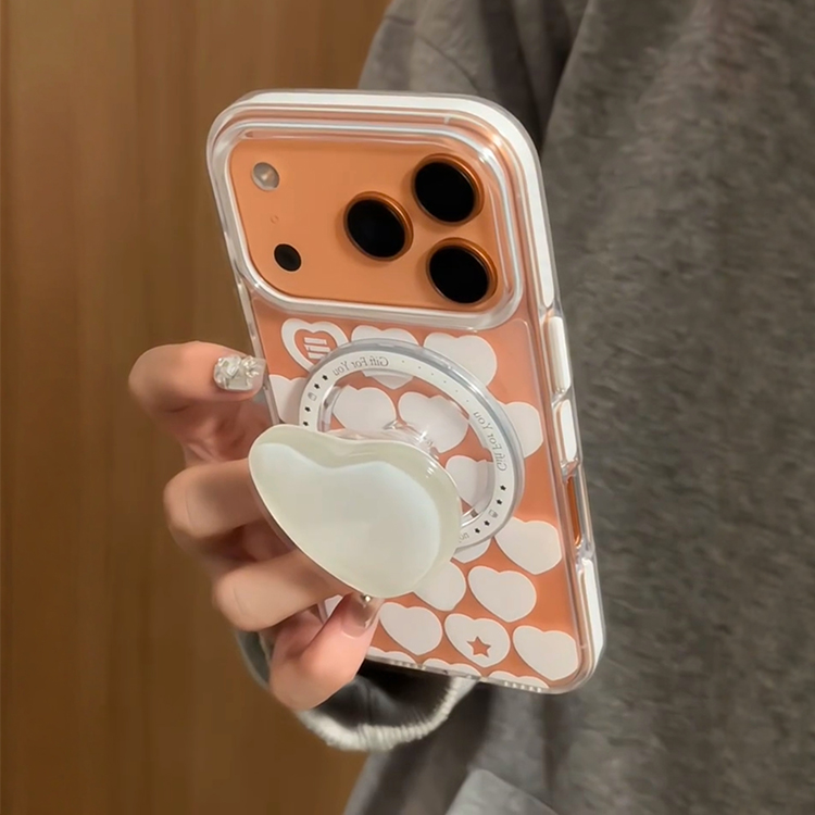 韩风ins满屏白色爱心英文磁吸支架适用iPhone17promax手机壳苹果15pro新款14超好看13少女款16双层防摔保护套