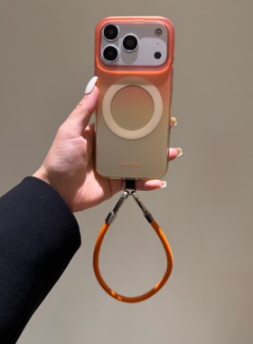 韩系ins橙色晕染磁吸皮质挂绳适用iPhone17promax手机壳苹果15pro新款14网红超火13女款16简约创意防摔保护套