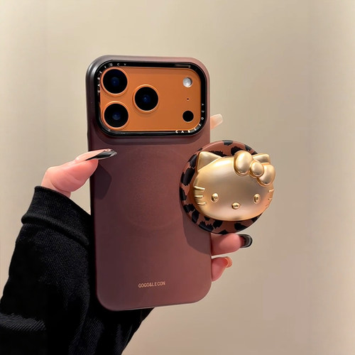 韩系ins棕色豹纹金色小猫磁吸支架适用iPhone17promax手机壳苹果15pro新款16超好看13女14小众半包菲林保护套