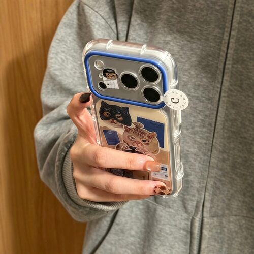日韩ins黄棕拼色蓝标签箱子偷盗猫咪适用iPhone18promax手机壳苹果17pro新款15大视窗14女16双层17防摔保护套