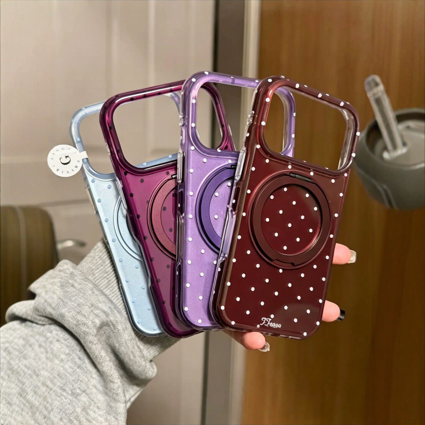 韩系简约高级感小众纯色波点360旋转支架适用iPhone18promax手机壳苹果17pro新款15超好看16双层17防摔保护套