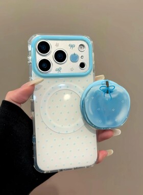 韩系ins蓝色波点油画苹果星星磁吸支架适用iPhone17promax手机壳苹果15pro新款14双层13女16创意17防摔保护套