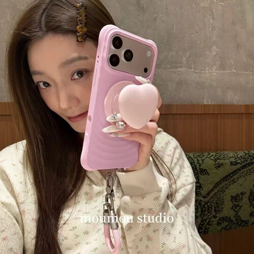 简约ins纯色波漾纹粉色爱心磁吸支架适用iPhone17promax手机壳苹果15pro新款14硅胶软壳13女款16防摔15保护套