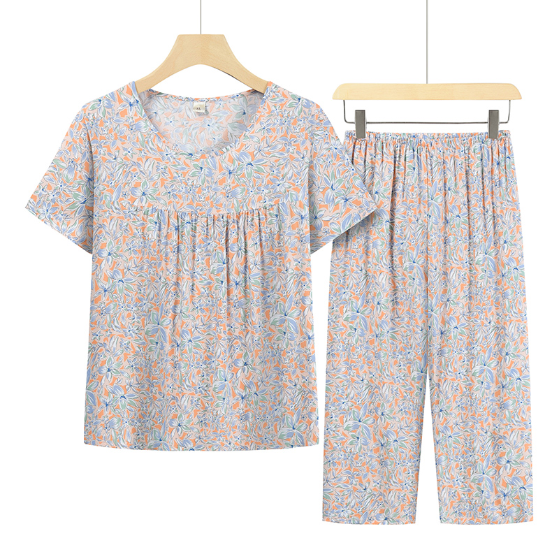 中老年套装夏季绵绸短袖七分裤家居服妈妈宽松睡衣外穿休闲二件套