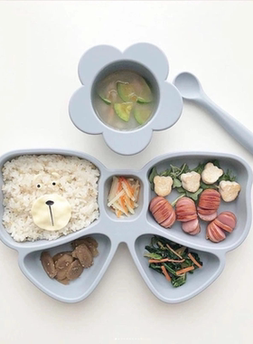 ROCOU罗可韩系高端婴幼儿辅食蝴蝶餐盘花朵碗勺子硅胶餐具套装